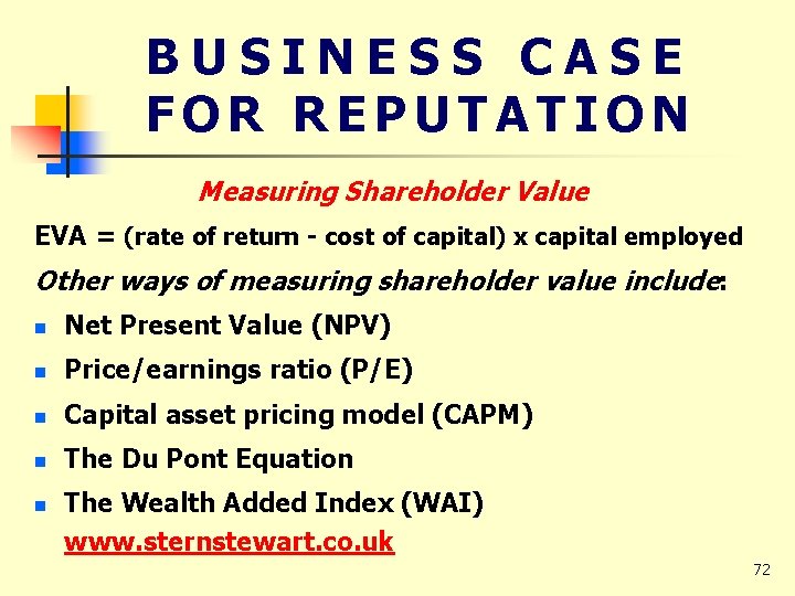 BUSINESS CASE FOR REPUTATION Measuring Shareholder Value EVA = (rate of return - cost
