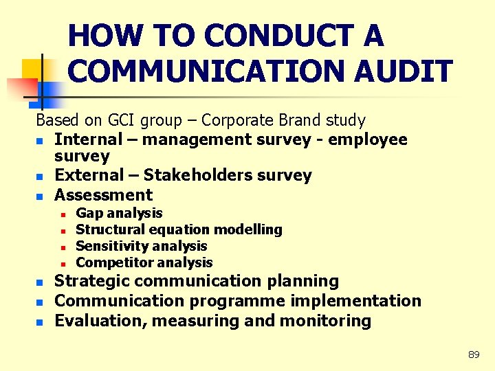 HOW TO CONDUCT A COMMUNICATION AUDIT Based on GCI group – Corporate Brand study