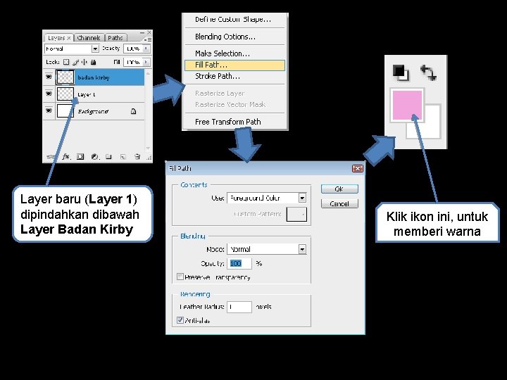 Layer baru (Layer 1) dipindahkan dibawah Layer Badan Kirby Klik ikon ini, untuk memberi