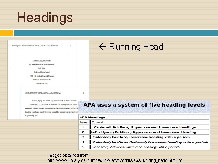 Headings Running Head Images obtained from http: //www. library. csi. cuny. edu/~xiao/tutorials/apa/running_head. html nd