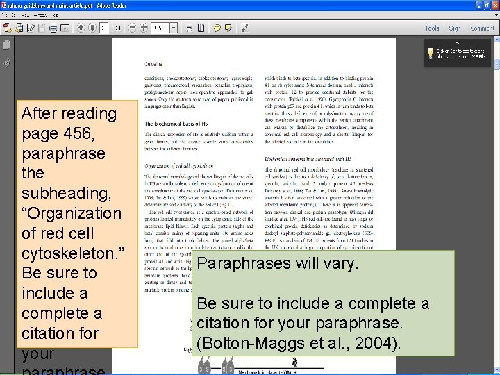 After reading page 456, paraphrase the subheading, “Organization of red cell cytoskeleton. ” Be