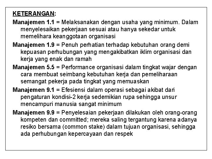 KETERANGAN: Manajemen 1. 1 = Melaksanakan dengan usaha yang minimum. Dalam menyelesaikan pekerjaan sesuai