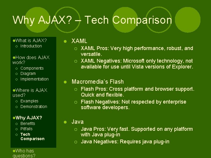 Why AJAX? – Tech Comparison l. What ¡ Introduction l. How work? ¡ ¡ Why AJAX? – Tech Comparison l. What ¡ Introduction l. How work? ¡ ¡