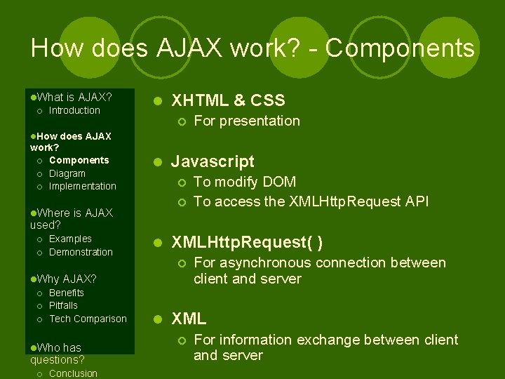 How does AJAX work? - Components l. What ¡ is AJAX? Introduction l XHTML How does AJAX work? - Components l. What ¡ is AJAX? Introduction l XHTML