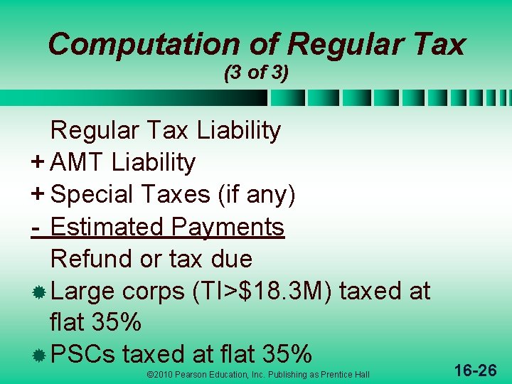 Computation of Regular Tax (3 of 3) Regular Tax Liability + AMT Liability +