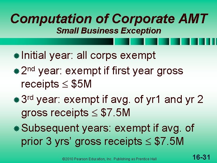 Computation of Corporate AMT Small Business Exception ® Initial year: all corps exempt ®