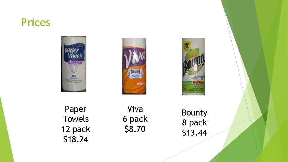 Prices Paper Towels 12 pack $18. 24 Viva 6 pack $8. 70 Bounty 8