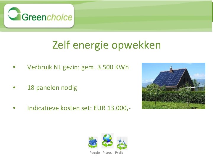 Zelf energie opwekken • Verbruik NL gezin: gem. 3. 500 KWh • 18 panelen