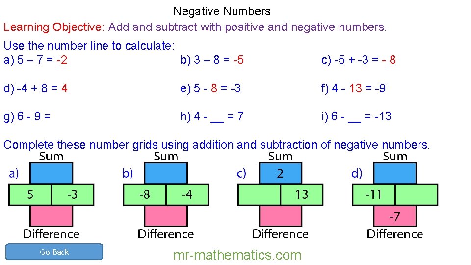 Negative Numbers Learning Objective: Add and subtract with positive and negative numbers. Use the