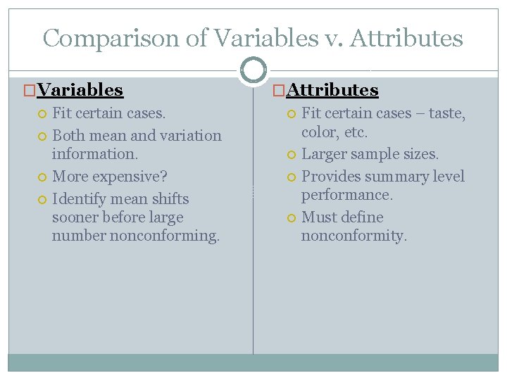 Comparison of Variables v. Attributes �Variables Fit certain cases. Both mean and variation information.