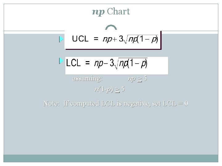 np Chart assuming: np > 5 n(1 -p) > 5 Note: If computed LCL