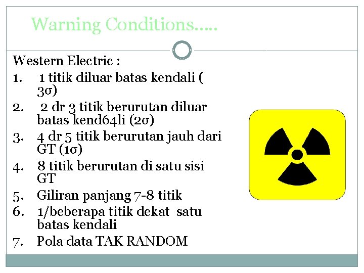 Warning Conditions…. . Western Electric : 1. 1 titik diluar batas kendali ( 3σ)