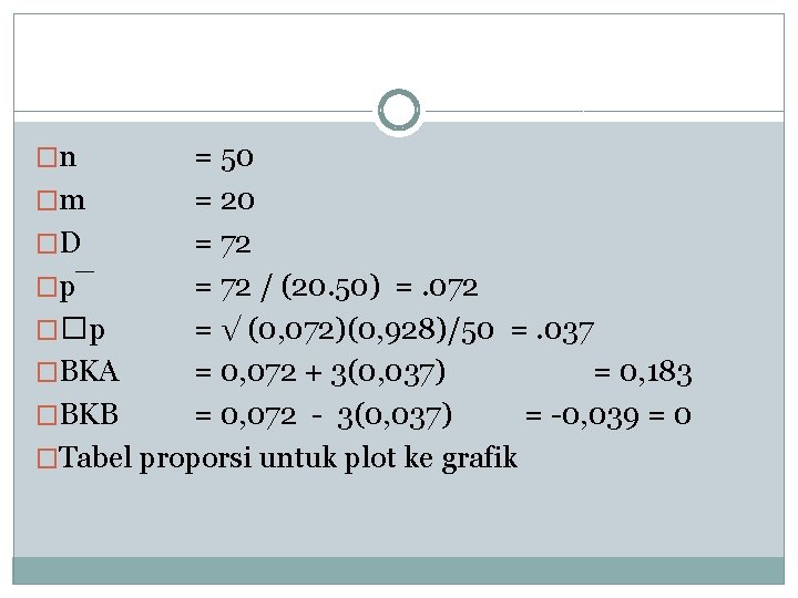 �n = 50 �m = 20 �D = 72 �p¯ = 72 / (20.