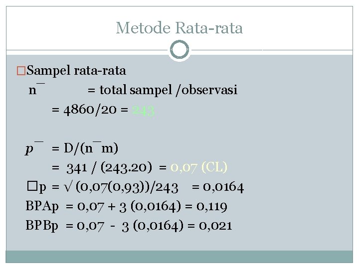 Metode Rata-rata �Sampel rata-rata n¯ = total sampel /observasi = 4860/20 = 243 p¯