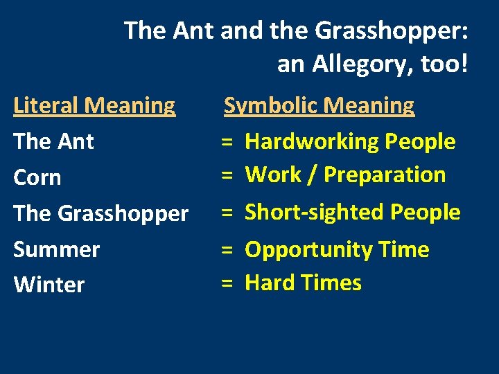 The Ant and the Grasshopper: an Allegory, too! Literal Meaning The Ant Corn The