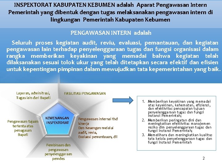 INSPEKTORAT KABUPATEN KEBUMEN adalah Aparat Pengawasan Intern Pemerintah yang dibentuk dengan tugas melaksanakan pengawasan INSPEKTORAT KABUPATEN KEBUMEN adalah Aparat Pengawasan Intern Pemerintah yang dibentuk dengan tugas melaksanakan pengawasan