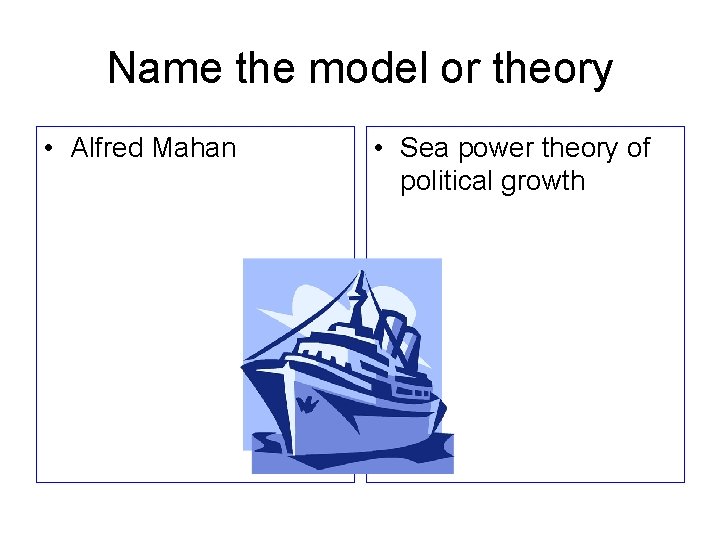 Name the model or theory • Alfred Mahan • Sea power theory of political