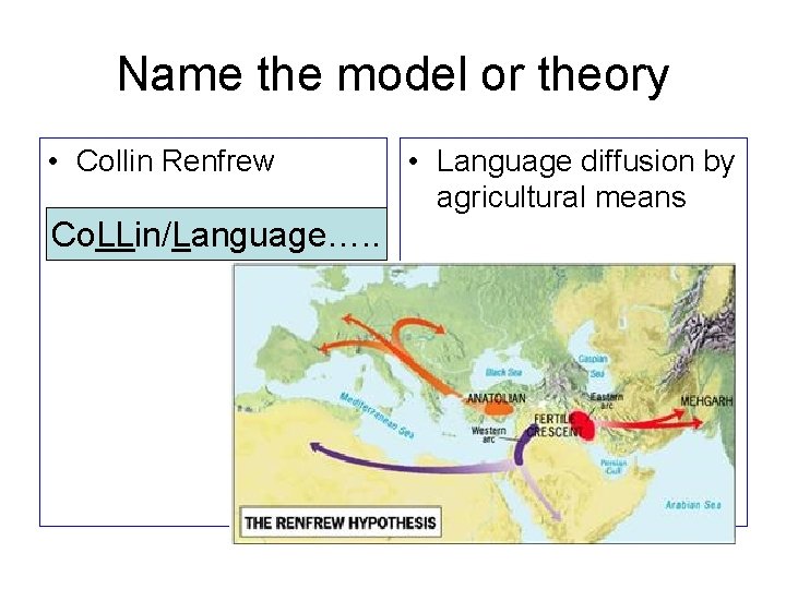 Name the model or theory • Collin Renfrew Co. LLin/Language…. . • Language diffusion