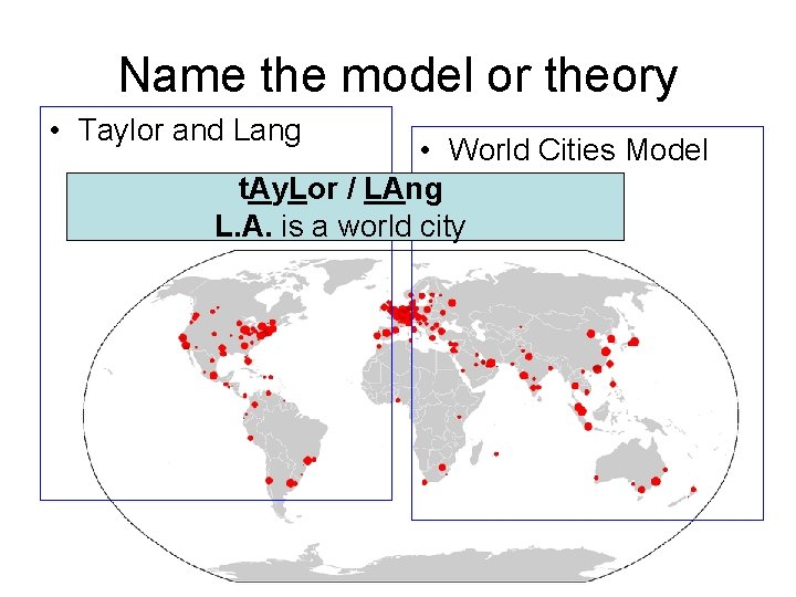 Name the model or theory • Taylor and Lang • World Cities Model t.