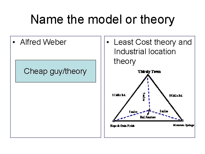 Name the model or theory • Alfred Weber Cheap guy/theory • Least Cost theory