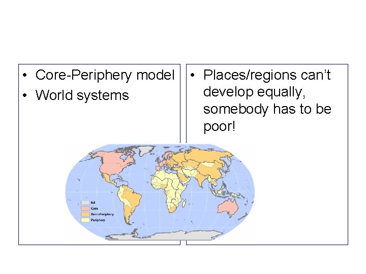 • Core-Periphery model • World systems • Places/regions can’t develop equally, somebody has