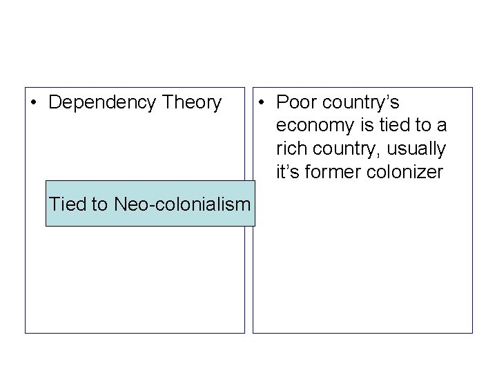  • Dependency Theory Tied to Neo-colonialism • Poor country’s economy is tied to