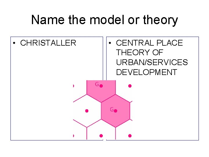Name the model or theory • CHRISTALLER • CENTRAL PLACE THEORY OF URBAN/SERVICES DEVELOPMENT