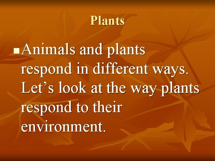 Plants n Animals and plants respond in different ways. Let’s look at the way