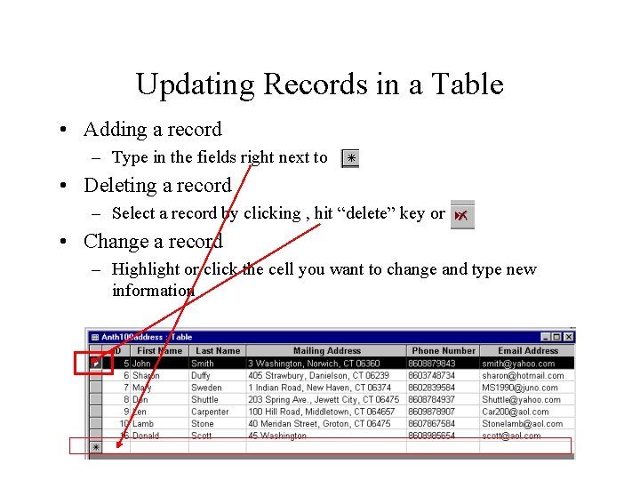 Updating Records in a Table • Adding a record – Type in the fields Updating Records in a Table • Adding a record – Type in the fields