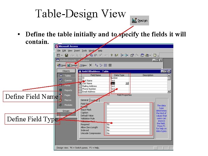 Table-Design View • Define the table initially and to specify the fields it will