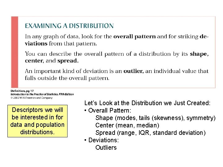 Descriptors we will be interested in for data and population distributions. Let’s Look at