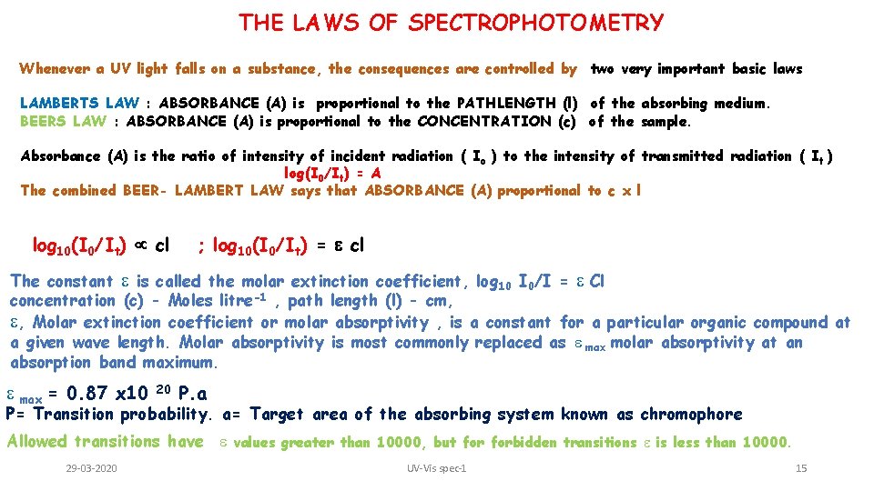 THE LAWS OF SPECTROPHOTOMETRY Whenever a UV light falls on a substance, the consequences