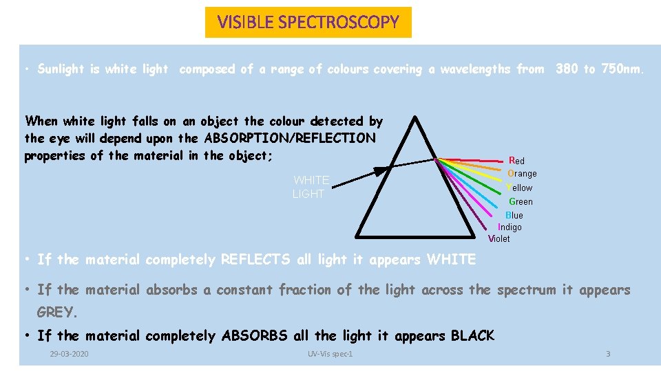 VISIBLE SPECTROSCOPY • Sunlight is white light composed of a range of colours covering