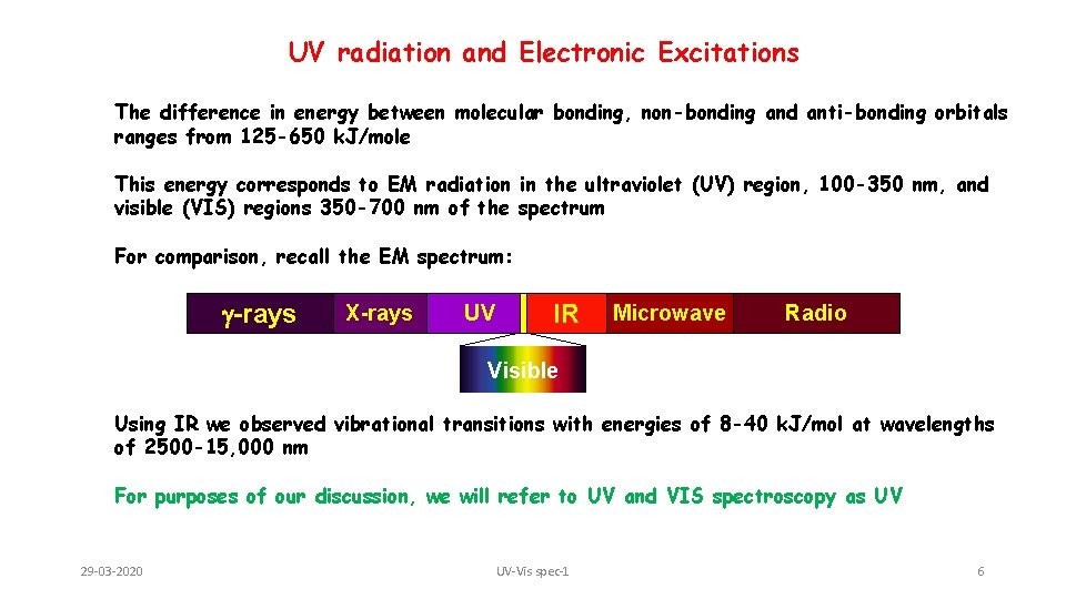 UV radiation and Electronic Excitations The difference in energy between molecular bonding, non-bonding and