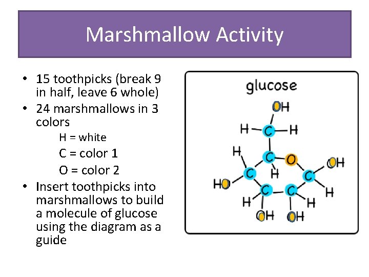 Marshmallow Activity • 15 toothpicks (break 9 in half, leave 6 whole) • 24