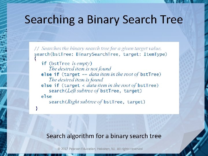 Searching a Binary Search Tree Search algorithm for a binary search tree © 2017