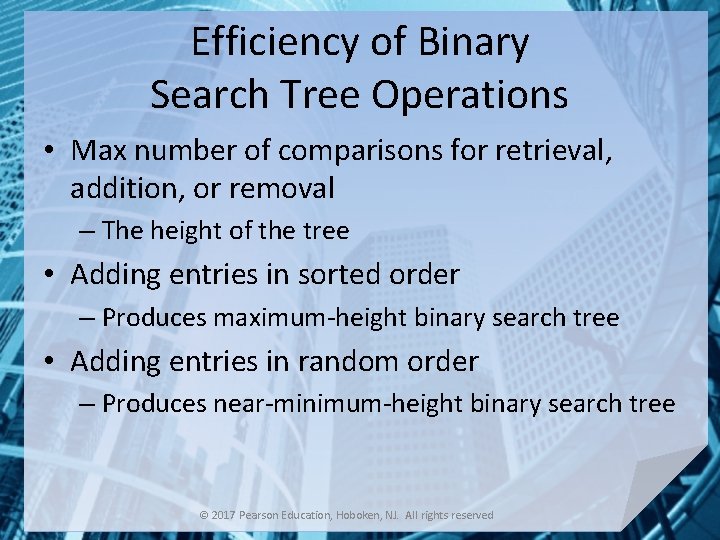 Efficiency of Binary Search Tree Operations • Max number of comparisons for retrieval, addition,