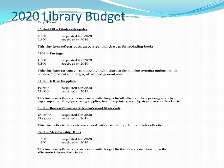 2020 Library Budget 2020 Library Budget