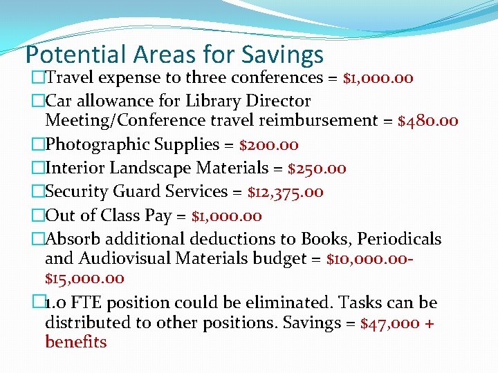 Potential Areas for Savings �Travel expense to three conferences = $1, 000. 00 �Car Potential Areas for Savings �Travel expense to three conferences = $1, 000. 00 �Car