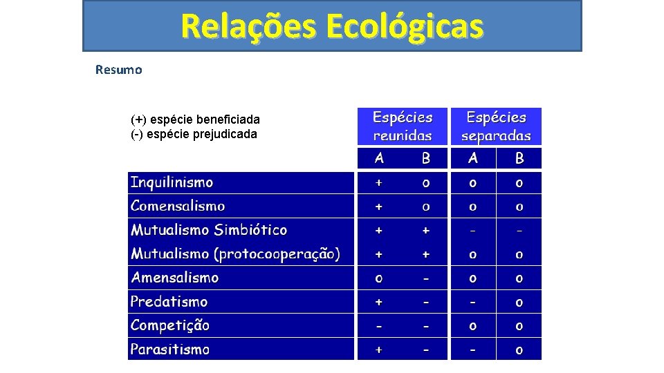 Relações Ecológicas Resumo (+) espécie beneficiada (-) espécie prejudicada 