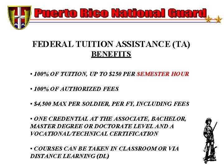 FEDERAL TUITION ASSISTANCE (TA) BENEFITS • 100% OF TUITION, UP TO $250 PER SEMESTER