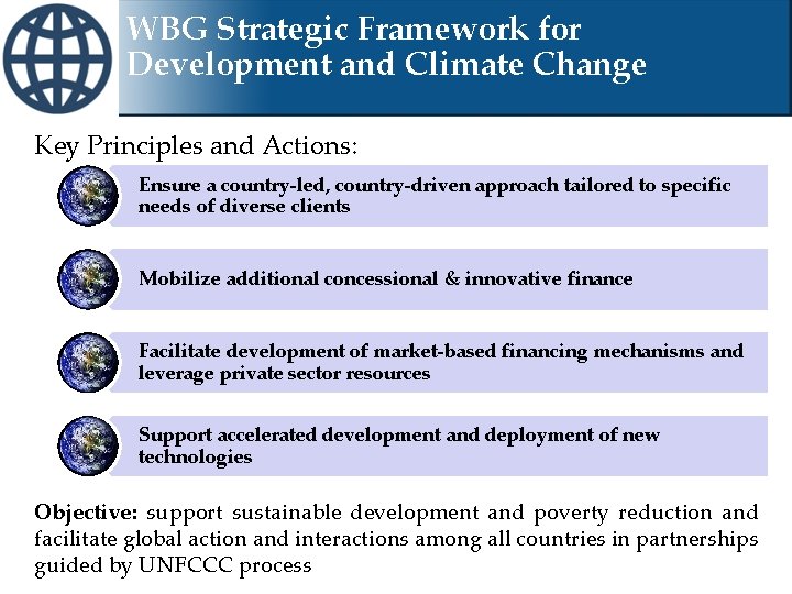 WBG Strategic Framework for Development and Climate Change Key Principles and Actions: Ensure a