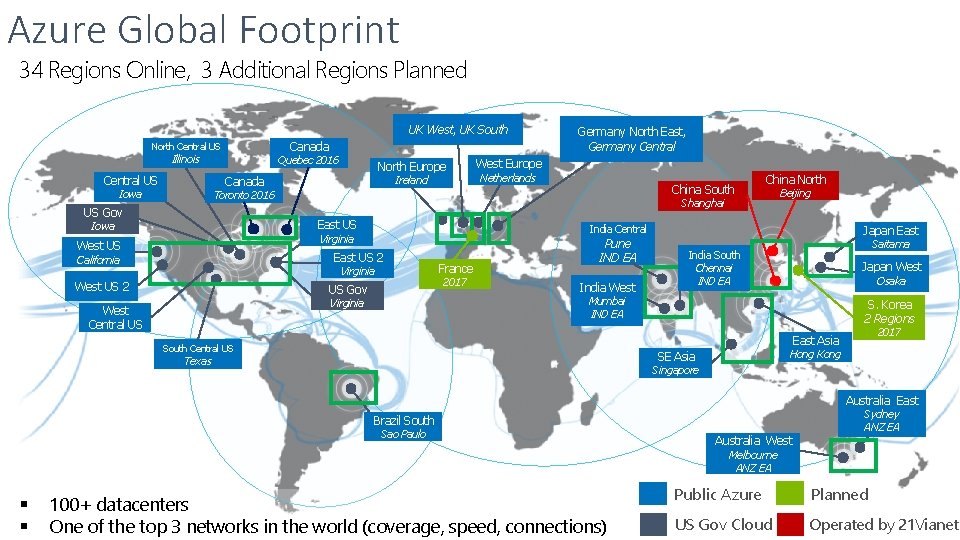 Azure Global Footprint 34 Regions Online, 3 Additional Regions Planned UK West, UK South