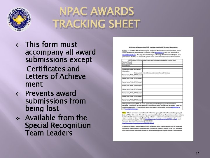 NPAC AWARDS TRACKING SHEET v v v This form must accompany all award submissions