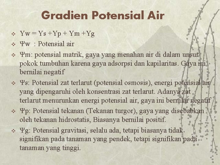 Gradien Potensial Air v v v Yw = Ys +Yp + Ym +Yg Ψw