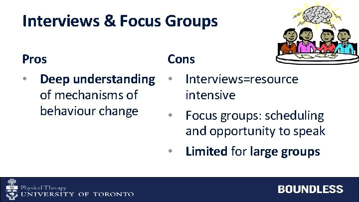 Interviews & Focus Groups Pros Cons • Deep understanding • Interviews=resource of mechanisms of
