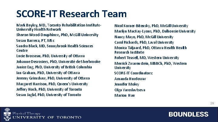 SCORE-IT Research Team Mark Bayley, MD, Toronto Rehabilitation Institute. University Health Network Sharon Wood-Dauphinee,