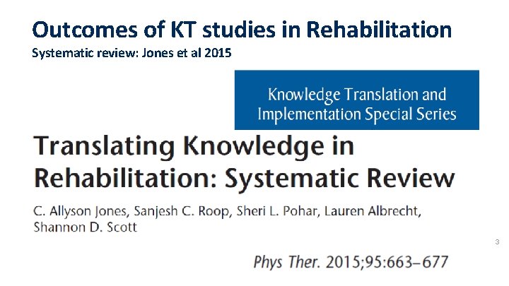 Outcomes of KT studies in Rehabilitation Systematic review: Jones et al 2015 3 