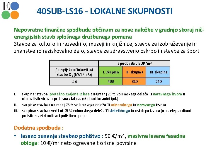 40 SUB-LS 16 - LOKALNE SKUPNOSTI Nepovratne finančne spodbude občinam za nove naložbe v