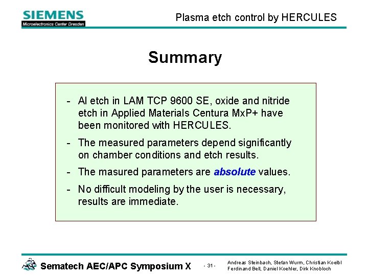 Plasma etch control by HERCULES Summary - Al etch in LAM TCP 9600 SE,